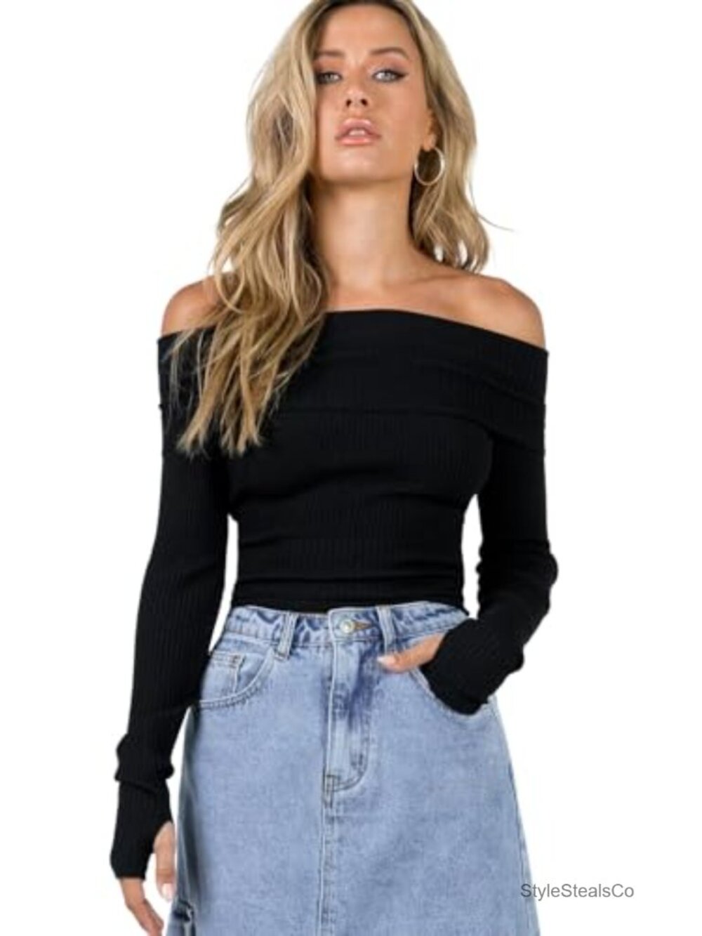 Off Shoulder Long Sleeve Ribbed Sweater Pullover Slim Fit